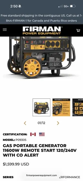 P09305 FIRMAN Gas Generator Remote Electric Start